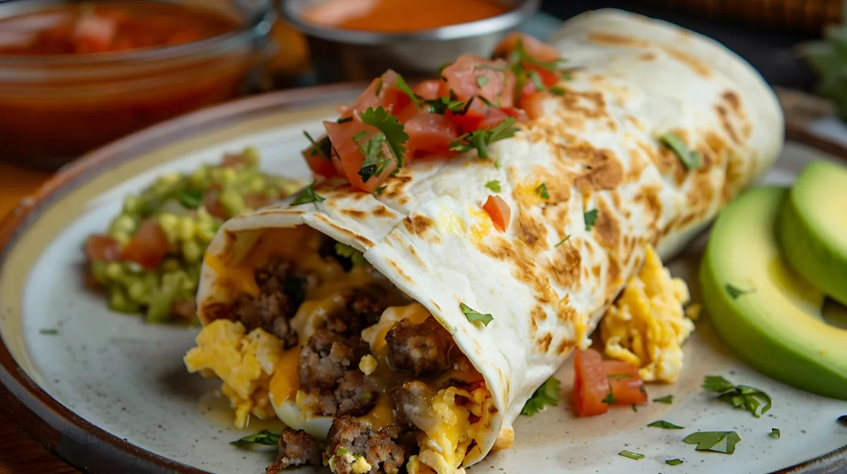 Breakfast burrito with avocado and tomato salsa