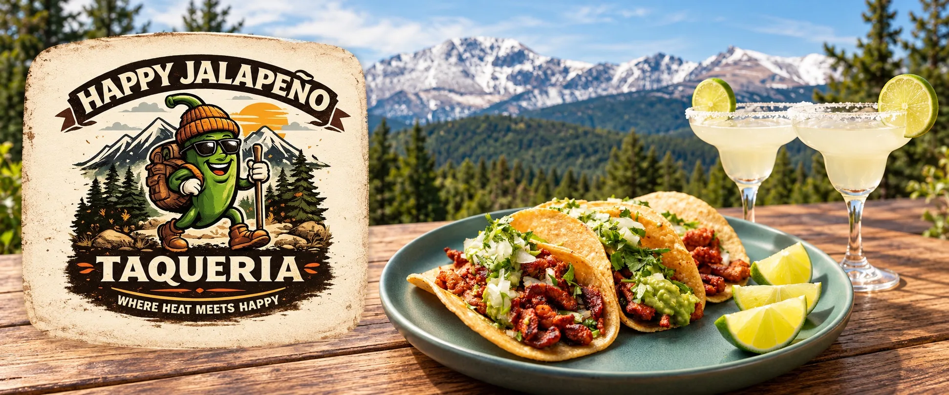 Happy Jalapeño Taqueria — tacos and lime margaritas with a Colorado mountain backdrop